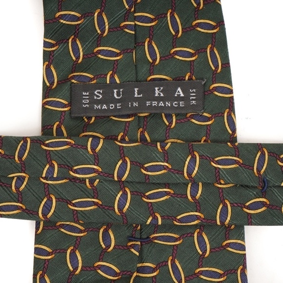 Sulka‎ Made in France Green Rope a Gold Chain Link Pattern Silk Tie​​ - Picture 4 of 4